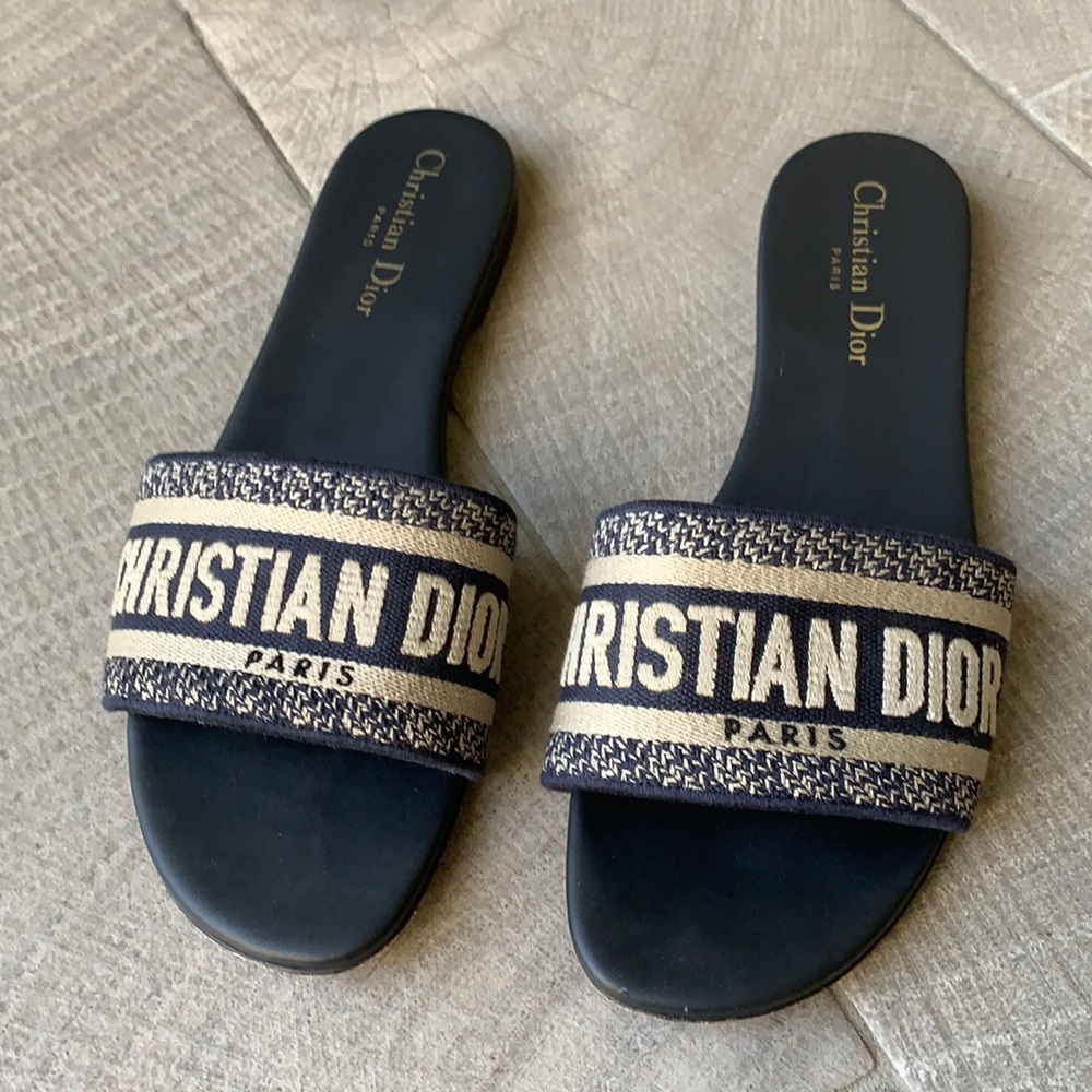 Christian Dior DWAY slides deep navy / tan combo.